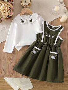 Vintaside Kids Autumn Girls Vintage Floral Embroidery Collared Long Sleeve Top And Pinafore Dress Set,Summer,Family Matching,Casual Embroidery Outfit For Kids - Green - View 4