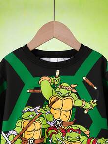 TEENAGE MUTANT NINJA TURTLES | SHEIN Young Boy Cartoon Tortoise Shell Printed Green Casual Cute Pullover Sweatshirt - Black - View 7