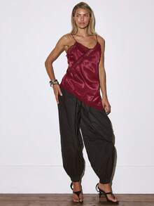 MUSERA Asymmetric Satin Lace Trim Top Flowy Occasion Sexy Going Out Autumn Fall Night Out  Cute Date Night Spring Summer - Burgundy - View 4