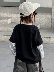 DAZY Young Boy Letter Print 2 In 1 Striped Casual T-Shirt - Black - View 12