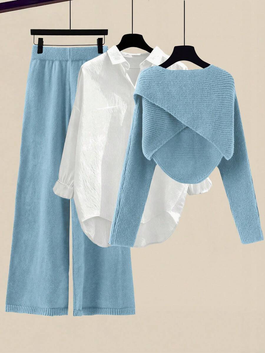 GlowEve Women's Solid Color Asymmetric Hem Sweater And Wide Leg Pants Casual 2 Pieces Set, Autumn/Winter - Teal Blue - View 1