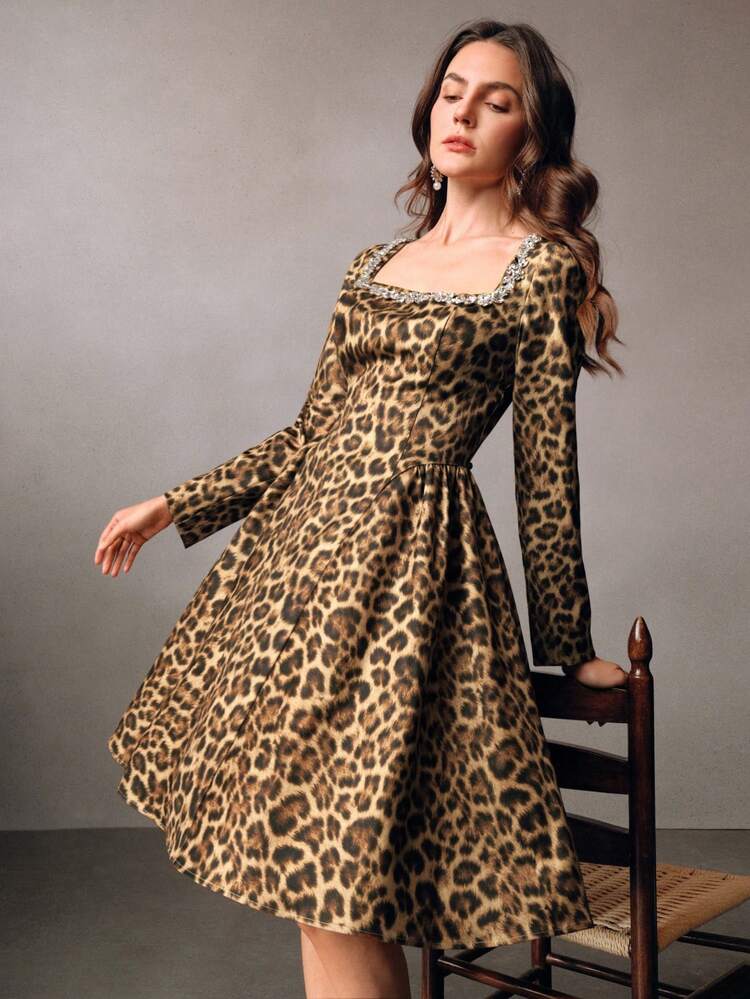 Sexy Rhinestone Chain Decor Square Neck Long Sleeve Leopard Print A-Line Short Dress For Women