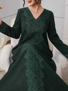 Al Najma Green Lace Trim Casual Everyday Arabic Style Dress For Women - Dark Green - View 4