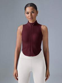 VARSIVA Débardeur décontracté polyvalent pour femmes, col montant, sans manches, avec fermeture éclair, couleur unie - Rouge foncé - Voir 1