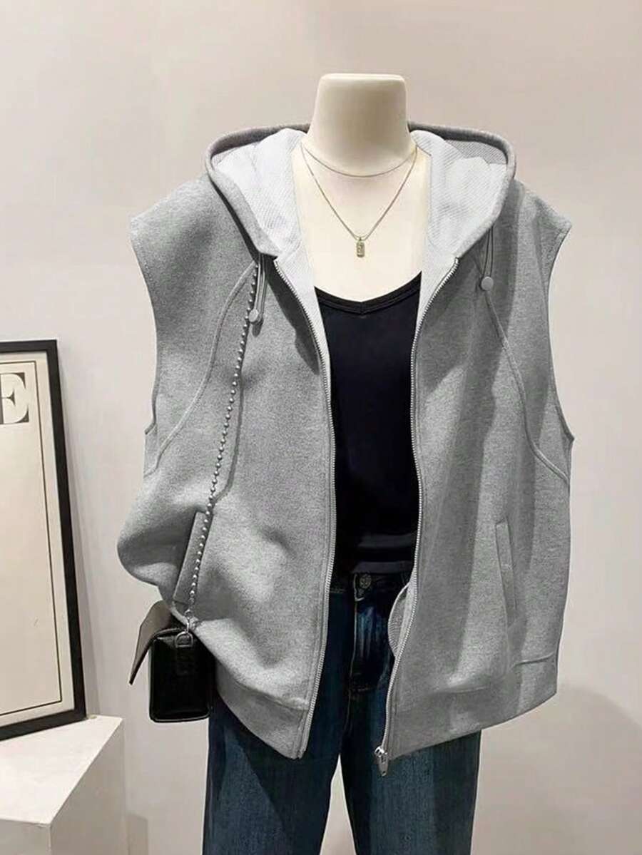 INAWLY Áo nỉ có mũ trùm đầu màu trơn có khóa kéo phía trước dành cho nữ kèm dây rút - Màu Xám nhạt - Xem 1