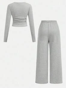 SHEIN Tween Girls Versatile Butterfly Pattern Long Sleeve Top And Pants 2 Pieces Set, Light Grey Vacation Suitable For All Seasons - Spring, Summer, Autumn, Winter