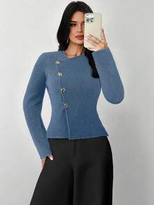 Firerie 女士深V领碎花金属纽扣长袖毛衣上衣，日常通勤针织衫，春、秋、冬新款 - 霧霾藍 - 查看 3