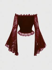 ROMWE Spring/Summer Red Gothic Style Off Shoulder Lace Flare Sleeve Velvet Fitted Blouse For Women - Burgundy - View 2
