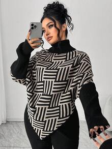 Elenzga Plus Size Asymmetrical Batwing Sleeve Turtleneck Contrast Color Knit Sweater, Casual & Comfortable Fall Winter - Multicolor - View 6