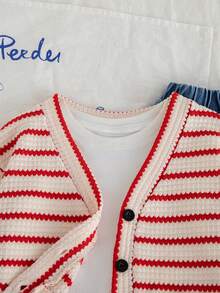 Genkimix Kids 两件套女童秋季新款套装，条纹针织开衫外套搭配休闲直筒蓝色牛仔裤，时尚简约 - 彩色 - 查看 3