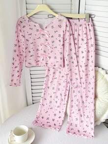 SHEIN 少女休闲舒适圆领蝴蝶结装饰T恤和裤子家居服套装 - 粉色 - 查看 1