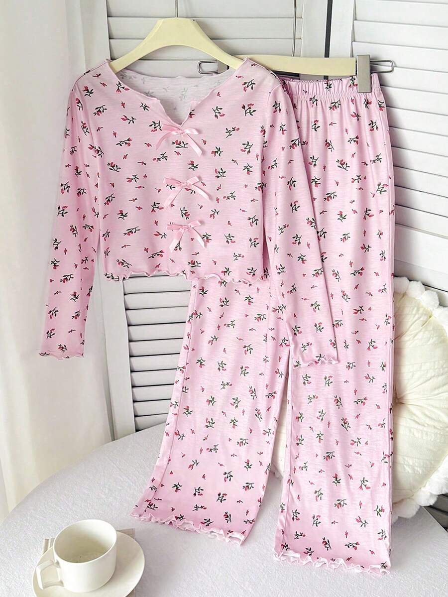SHEIN 少女休闲舒适圆领蝴蝶结装饰T恤和裤子家居服套装 - 粉色 - 查看 1