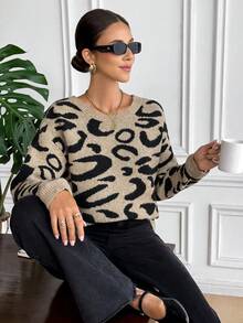 Serisse Women's Fashionable Elegant Bow Shoulder Long Sleeve Sweater, Bow Decoration On The Back,Fall For Women,Going Out ,Chic  Sweater, Fall For Women,New Year ,Party,Graduation ,Casual, Prom ,Going Out Tops Winter Casualwinter Clothes For Women,Summer, Christmas ,  Elegant,Leopard,Black, Casual,Sweaters For Women - Apricot - View 5