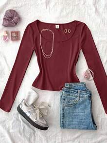 SHEIN T-shirt court à manches longues ajusté décontracté à col rond de couleur unie pour adolescentes - Rouge - Voir 3