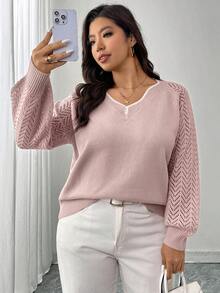 SHEIN LUNE 大码宽松粉色串珠针织毛衣上衣，女士休闲冬季毛衣，适合情人节、春假等场合 - 灰色 - 查看 6