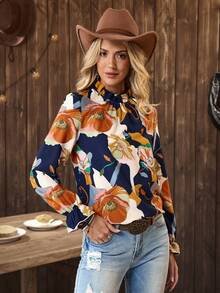 EMERY ROSE Women's Floral Print Ruffle Collar Long Sleeve Fashion Blouse - Navy Blue - View 5