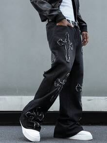 GALLERY FADE Jeans en denim gris foncé style casual de rue avec patch brodé pour hommes - Gris foncé - Voir 3