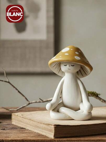 Madebyblanc 1pc Cute Meditation Sitting Yoga Mushroom Desktop Decor, Yoga Mushroom Ornament Home Living Room Decoration, Garden Resin Craft Gift