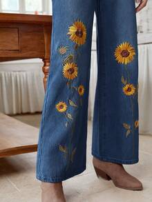 LanaWest 女士优雅向日葵刺绣牛仔裤 - 中等水洗藍 - 查看 7
