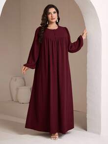Veilorie 大码女式纯色圆领灯笼袖纽扣设计宽松休闲连衣裙 - 酒紅色 - 查看 3