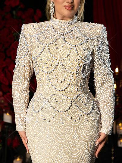 Glamrae Plus Size Women Pearl Decor High Slit Mermaid Hem Fitted Formal Dress, Suitable For Evening Party, Date, Dance, Wedding, Vacation