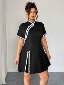 Elenzga 大码女式新款时尚百搭弹力梭织修身纽扣式中国新年旗袍 - 黑色 - 查看 3