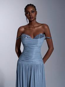 Elitara 优雅简约手工水晶不对称双层褶皱领修身A字裙摆连衣裙，适合各种场合和类型的女性，正式晚礼服 - 灰藍色 - 查看 4