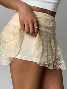 Aloruh 女士优雅高腰不对称荷叶边蕾丝短裙 - 白色 - 查看 3