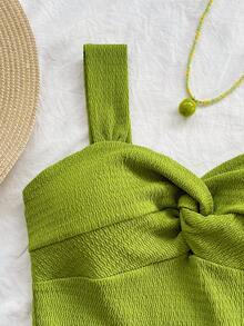 Soleia 女士优雅纯色扭结中长连衣裙，度假装 - 綠色 - 查看 5