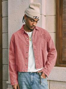 AXEPEAK Jaket Denim Pria Lengan Panjang Model Longgar Kasual - Berwarna merah muda - View 3