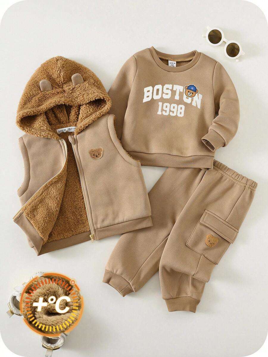 SHEIN 3pcs/Set Baby Boy/Girl Autumn/Winter Cute Khaki Knit Hooded Jacket, Vest, Cartoon Bear Pattern Sweatshirt, Tracksuit Joggers Pants Set, Unisex Baby Clothes, Baby Winter Thermal Outfit  Fashion - Khaki - View 1
