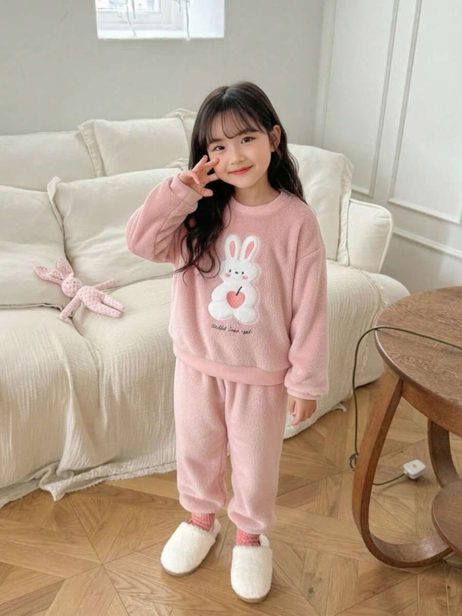 2件套 女童可爱粉色法兰绒面料罗纹袖口白色兔子抱着苹果贴花装饰抓绒长袖上衣和裤子舒适睡衣 - 粉色 - 查看 1