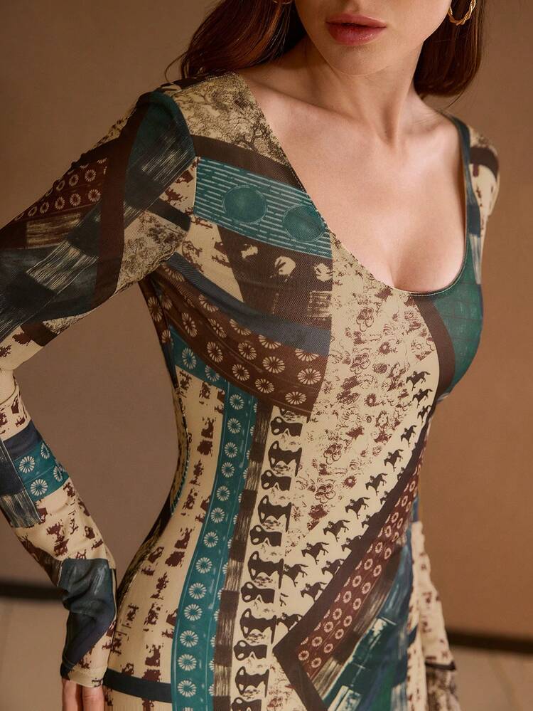 PATCHWORK PRINT SCOOP NECK SLIM FIT LONG DRESS