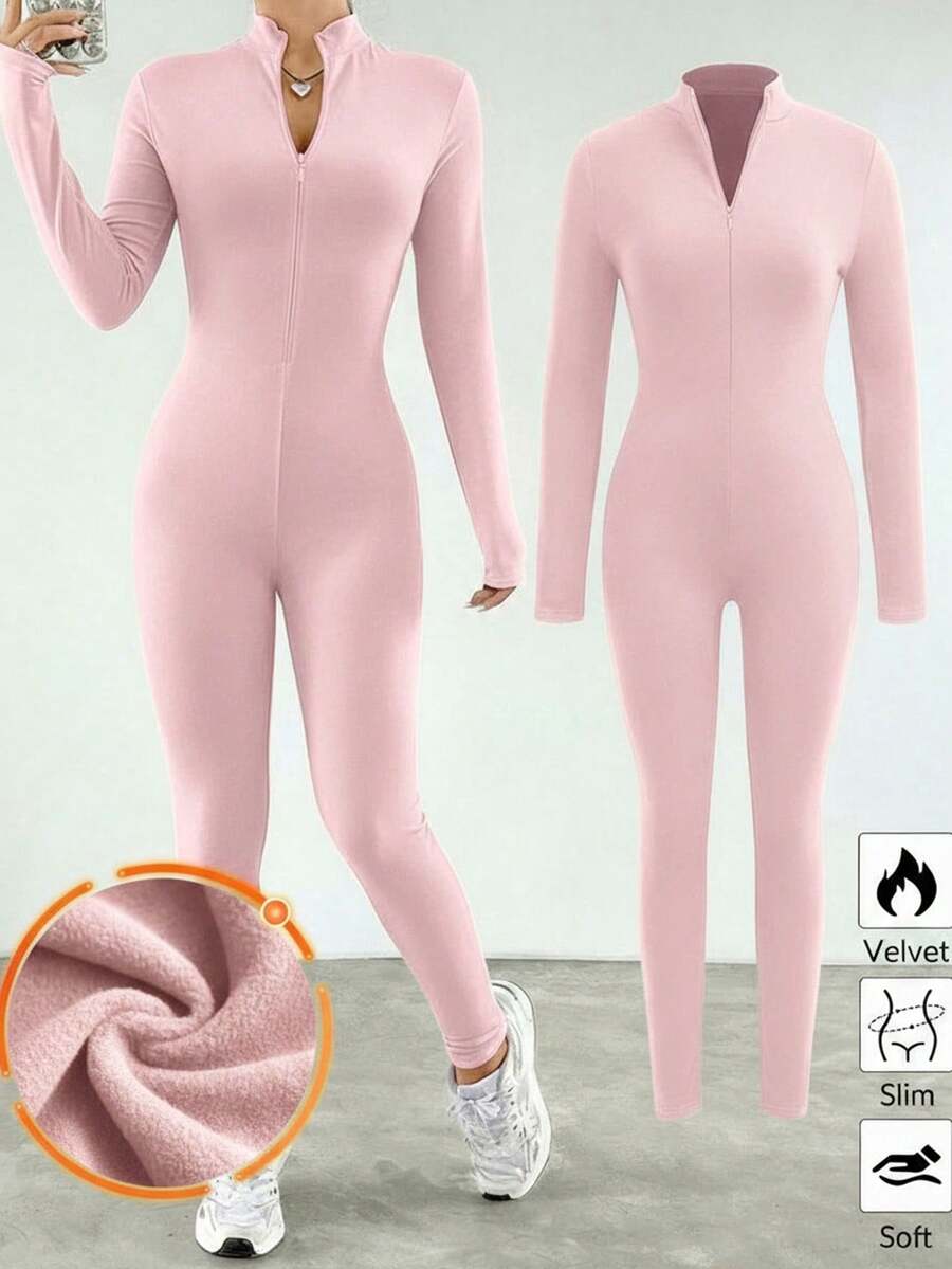 SHEIN 少女款保暖内衬纯色长袖修身半拉链连体裤，柔软天鹅绒面料 - 粉色 - 查看 1
