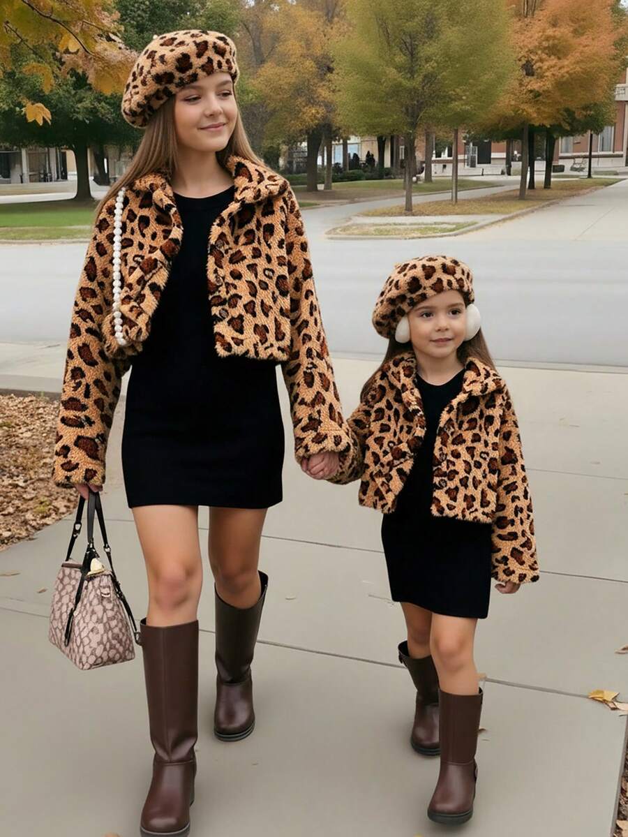 这款时尚三件套女童套装包含一件舒适的棕色豹纹长袖外套、一顶配套的豹纹帽子和一条优雅的黑色A字领连衣裙，这套充满复古风情的秋冬装扮舒适百搭，适合上学、旅行、聚会和日常活动。 - 彩色 - 查看 1