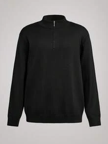 Officeau Men's Solid Color Front Half Zipper Long Sleeve Casual Sweater, Old Money Style, Fall/Winter - Black - View 1