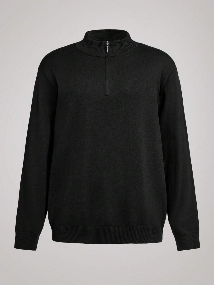 Officeau Men's Solid Color Front Half Zipper Long Sleeve Casual Sweater, Old Money Style, Fall/Winter - Black - View 1