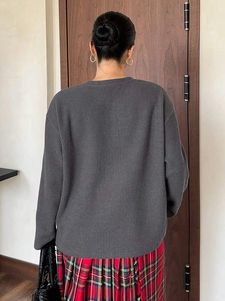 Dazy Plus Plus Size Women Loose Casual Solid Color Round Neck Half-Open Hem Long T-Shirt, Spring/Autumn
