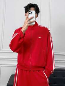 ESTAVOR 男士开衫卫衣 运动休闲风格 条纹设计 - 紅色 - 查看 7