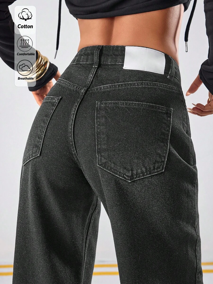 WOMEN CLASSIC HIGH WAIST WIDELEG BLACK WASH DENIM JEAN BACK LABEL AND RİVET - Light Grey - View 1