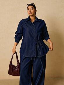 SHEIN Tall CURVE 大码女式长袖单排扣系带衬衫搭配阔腿牛仔裤休闲两件套，适合冬季、圣诞节、新年、感恩节、通勤、度假、毕业典礼等场合，兼具时尚感和Y2K风格，可爱街头风，适合派对、婚礼、商务休闲等各种场合。舒适的牛仔两件套，休闲长袖上衣搭配抽绳腰带阔腿牛仔裤，适合节日聚会等日常穿着。 - 藍色 - 查看 7