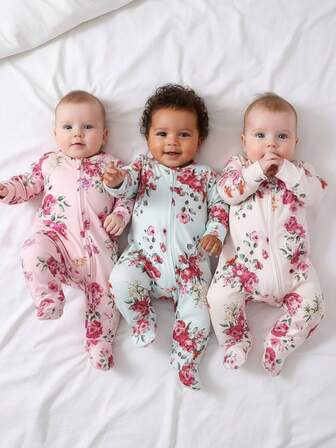 SHEIN 3pcs Baby Girls' Floral Print Footed Romper With Y-Shaped Zipper Baby Girl Clothes>Floralbaby Floralbaby Girl Clothes>Zippernewborn Pajamas Girlnewborn Set Girl