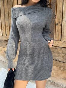 FavEase Women's Sexy Off-Shoulder Solid Color Knitted Dress, Versatile For Autumn/Winter - Grey - View 7