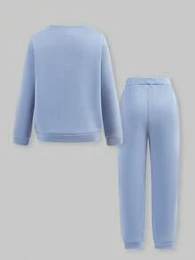 SHEIN Explorewe 2pcs/Set Teen Girls' Casual Commuting Versatile 3D Letter Print Sweatshirt And Sweatpants Set - Baby Blue - View 2