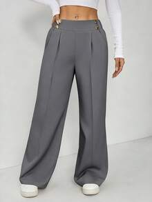 SHEIN EZwear 大码灰色优雅休闲金属双扣直筒办公裤，秋冬款 - 灰色 - 查看 3