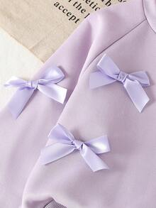 Genkimix Kids 两件套女童时尚灰色圆领长袖上衣和阔腿裤，饰有蝴蝶结，秋冬季 - 紫色 - 查看 4