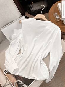 Lyxana French Style White Asymmetrical Design Niche Cold Shoulder Long Sleeve Top For Women - White - View 2