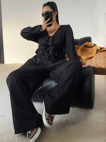 POPSWAY Plus Size Casual V-Neck Tie-Front Short Sleeve Crop Top + Versatile Casual Pants 2 Pieces Set