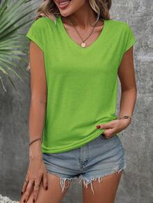 SHEIN LUNE Women's Solid Color Spaghetti Strap V-Neck Short Sleeve Blouse, Fashionable & Suitable For Summer - Green - View 3