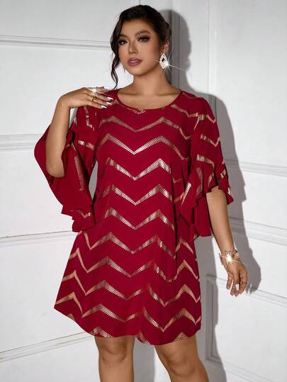 SHEIN Clasi Plus Size Heltryckt Paljett Patchwork Rund Hals Elegant Långärmad Klänning